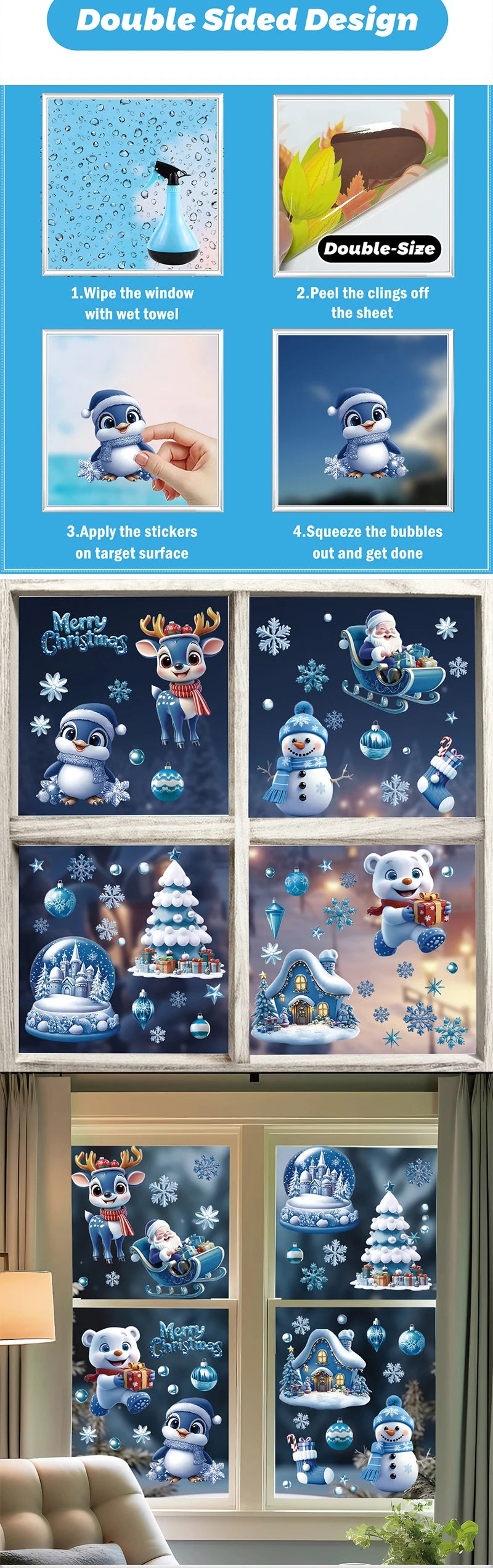 Christmas Window Stickers Blue Theme - Static Cling Snowman Snowflake Decals for Glass Doors, Shop Displays & Home Decor