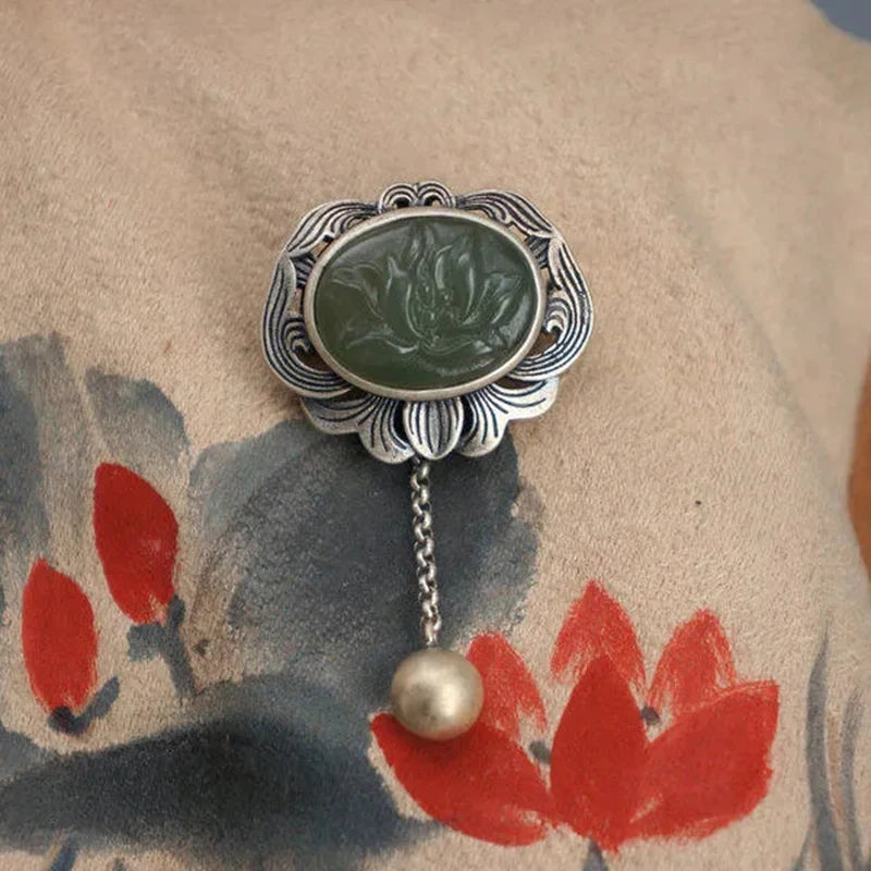 Original designer craftsmanship natural Hetian jasper pendant brooch Chinese style retro unique charm brand silver jewelry