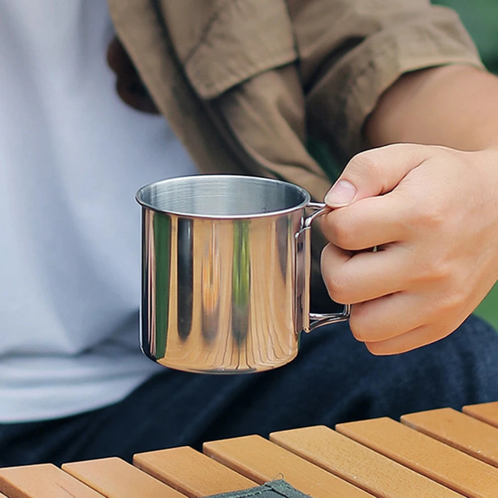 Camping Water Cup with Foldable Handle Tea Beer Coffee Mug Stainless Steel Portable Camping Cup for Outdoor Use