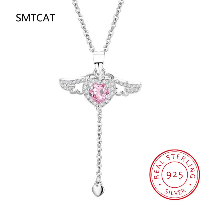Genuine 925 Sterling Silver Love Tassels Necklace Fine Jewelry Double Angel Wings Heart Zirconia Pendant Necklace Holiday Sale