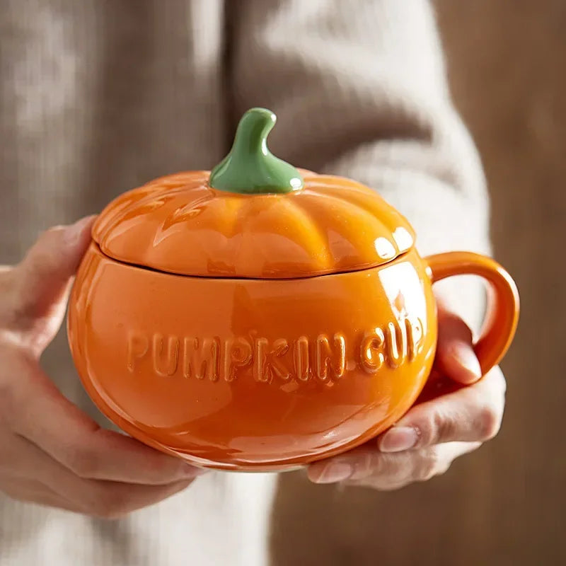Pumpkin Mug Ceramic with Lid with Spoon Coffee Cups Milk Tea Breakfast Creative Handle Design Gift Drinkware Kitchen Halloween