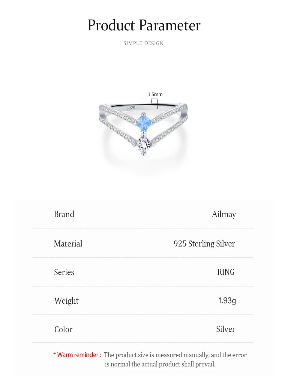 Ailmay 925 Sterling Silver Double-Layer Water Droplet Shaped Blue & White Zircon Ring For Women Personality Gift Party Jewelry