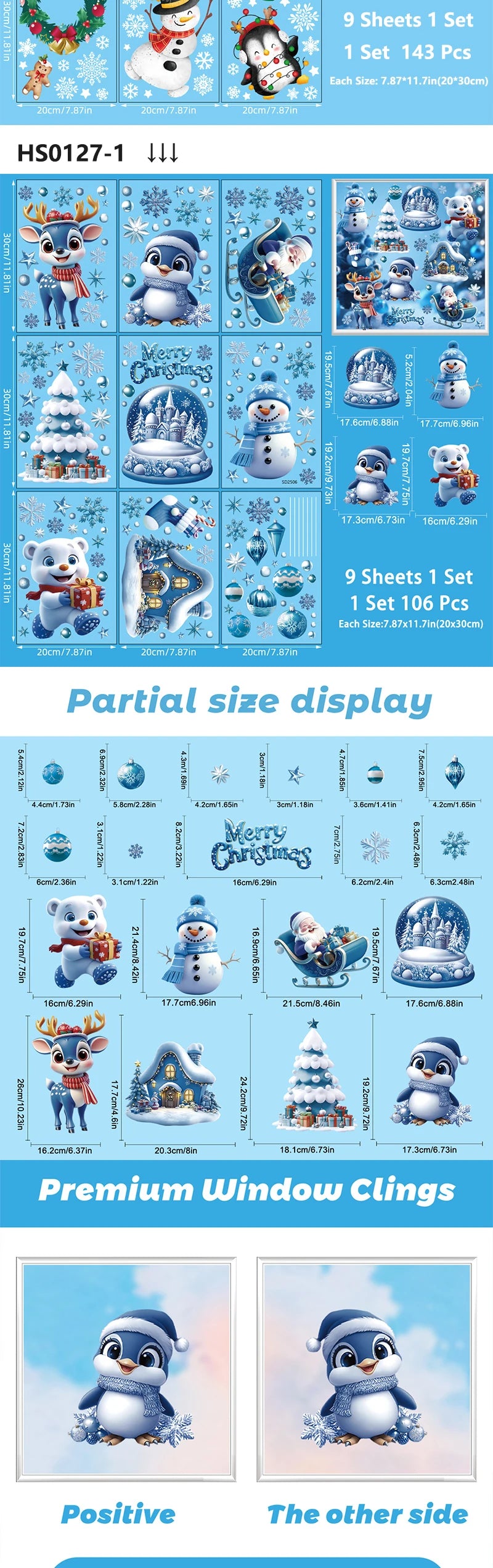 Christmas Window Stickers Blue Theme - Static Cling Snowman Snowflake Decals for Glass Doors, Shop Displays & Home Decor