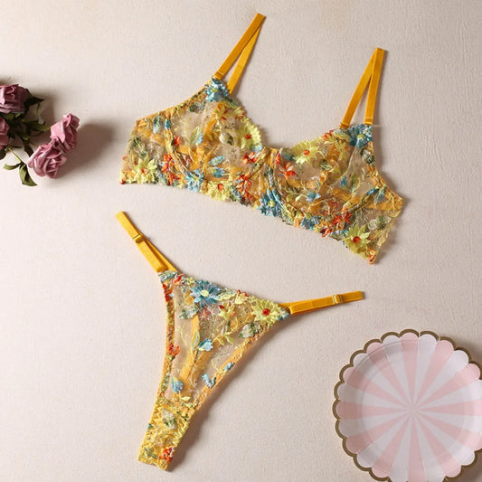 Women's Perspective Fun Underwear Sexy Embroidery Yellow Flower Bra With Steel Ring See Through Sexy Lingerie For Fine Women