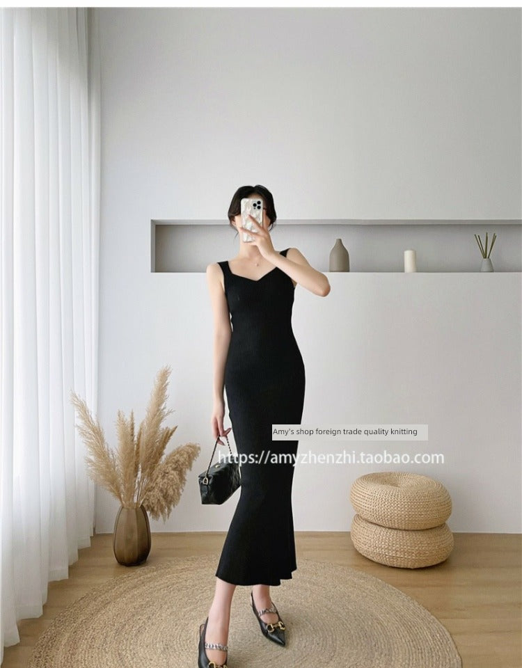 Autumn and Winter V-neck Slim-Fit Sleeveless Sling Fishtail Dress Sweater