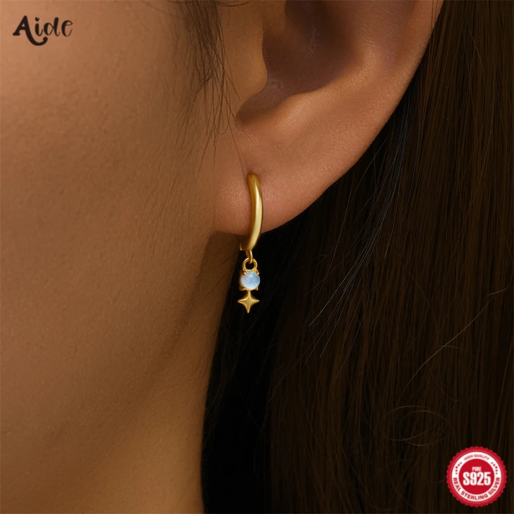 Sterling Silver Opal Star Charm Gold Hoop Earrings