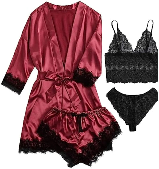 Women's Sexy Satin Lace Lingerie Set – Wine Red Nightwear with Robe , Bralette, Shorts & Panty for romantic atmosphere