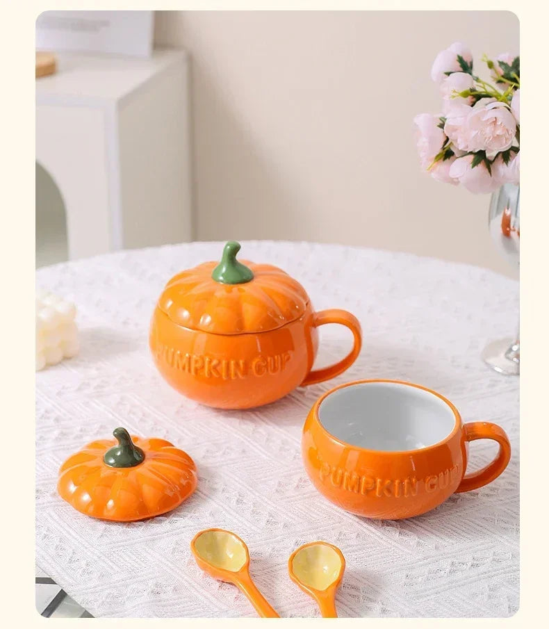 Pumpkin Mug Ceramic with Lid with Spoon Coffee Cups Milk Tea Breakfast Creative Handle Design Gift Drinkware Kitchen Halloween