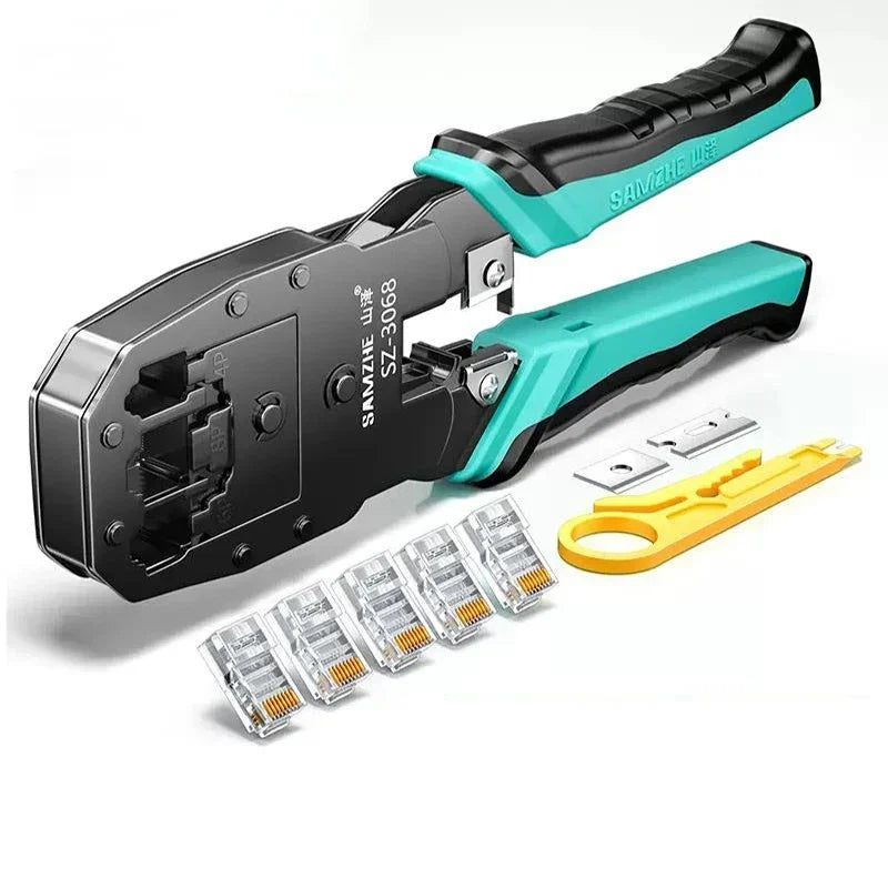 SAMZHE RJ45 Crimp Plier Pass Through Crimper Stripper Cutter for Cat7 Cat6 Cat5e 8P8C Modular Connector Ethernet Wire Tool