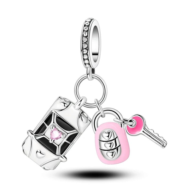 925 Sterling Silver Motorcycle Red Sports Car SUV Bus Car Keys Charm Pendants For Women Fit DIY Bracelets Party Birthday Jewelry