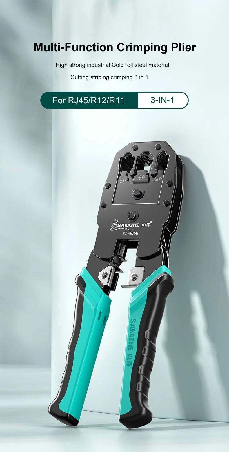 SAMZHE RJ45 Crimp Plier Pass Through Crimper Stripper Cutter for Cat7 Cat6 Cat5e 8P8C Modular Connector Ethernet Wire Tool
