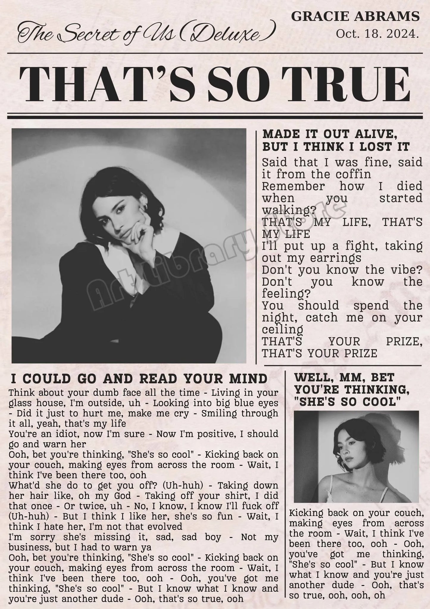 Pop Singer Gracie Abrams The Secret of Us Deluxe Classic Lyrics Inspired Poster Canvas Painting Wall Art Picture Home Decor Gift