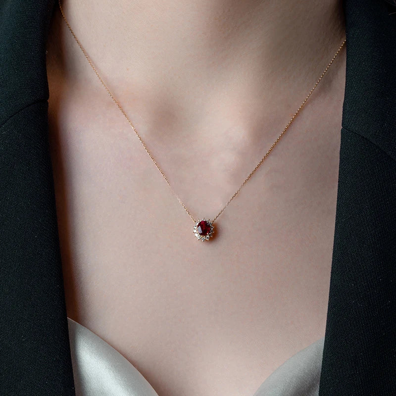 Metiseko 925 Sterling Silver Ruby Colour Chain Necklace Garnet Red Cubic Zirconia Retro Style Necklace Waterproof for Women