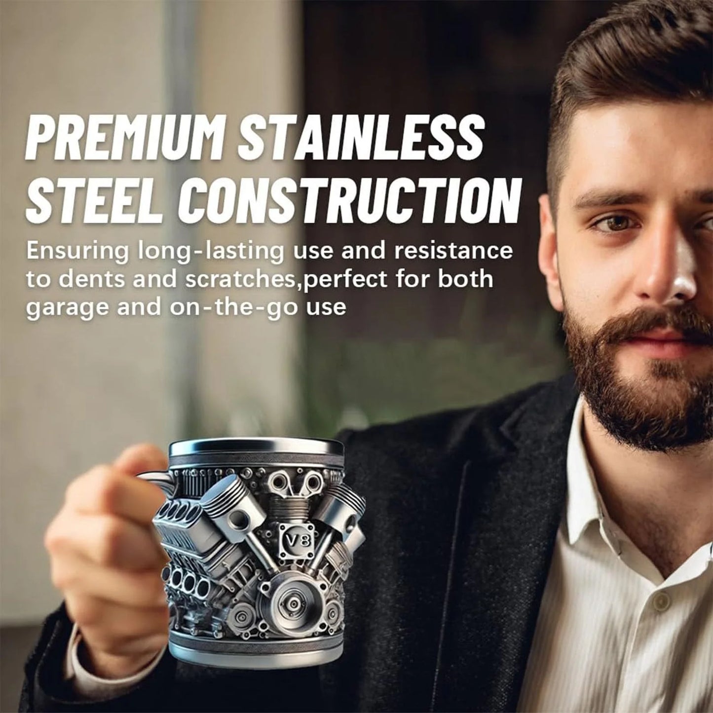 V8 Engines Stainless Steel 7 OZ Insulated Handle Coffee Mug - Creative Automotive Engine Design