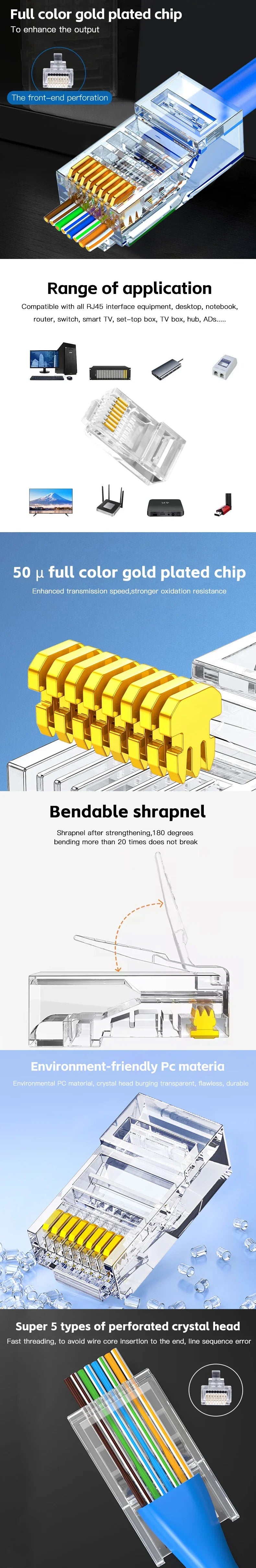 50PCs 100PCs Cat6 Connector RJ45 Connector Network Unshielded RJ45 Perforated Crystal Head Network Cable