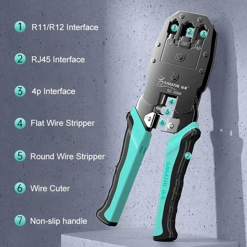 SAMZHE RJ45 Crimp Plier Pass Through Crimper Stripper Cutter for Cat7 Cat6 Cat5e 8P8C Modular Connector Ethernet Wire Tool