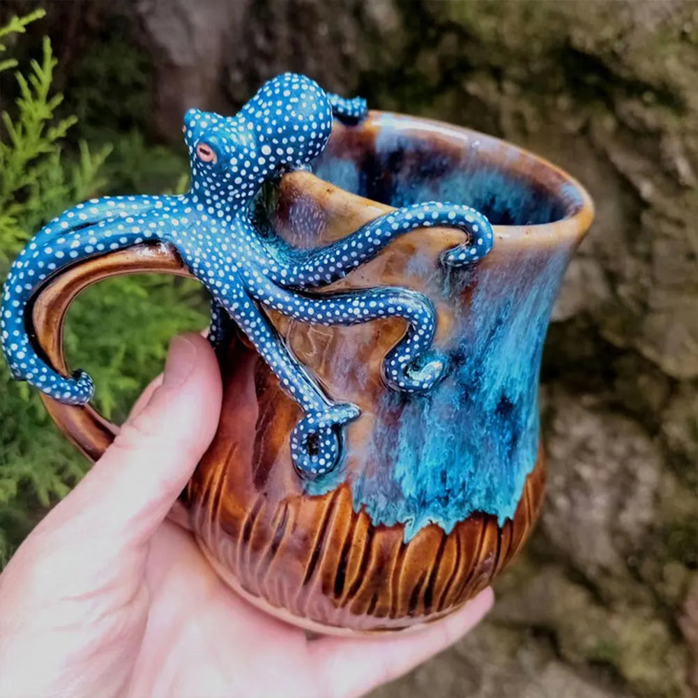 New Deep Blue Octopus Mug Handmade Statue Sea Animal Mug With Handle Novelty Coffee Milk Tea Juice Hot and Cold Drinkware Cup