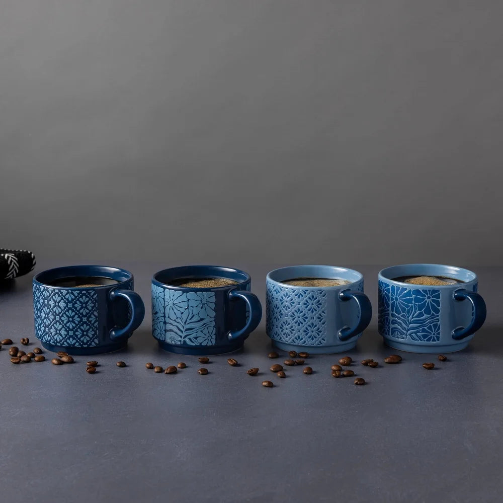 4 Pack Stackable Mugs Floral Geometric Patterns Stoneware Dishwasher Microwave Safe Coffee Tea Drinkware Space Saving Kitchen