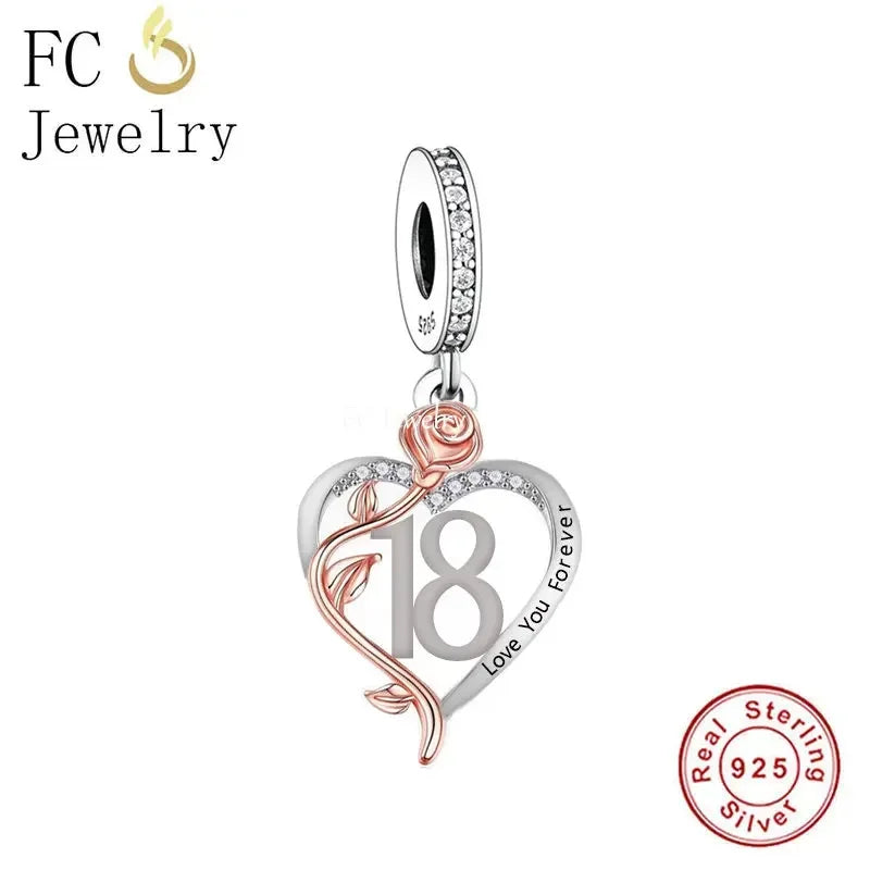 FC Jewelry Fit Original Charm Bracelet 925 Silver 18th 30th 40th Birthday Number Rose Flower Bead For Making Daughter Berloque