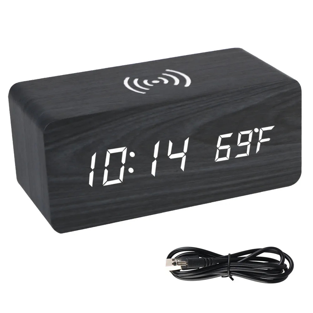 Wooden Desk Digital Clock Phone Chargers LED Display Temperature Wooden Digital Alarm Clock Wireless Charger Desk Table Clocks