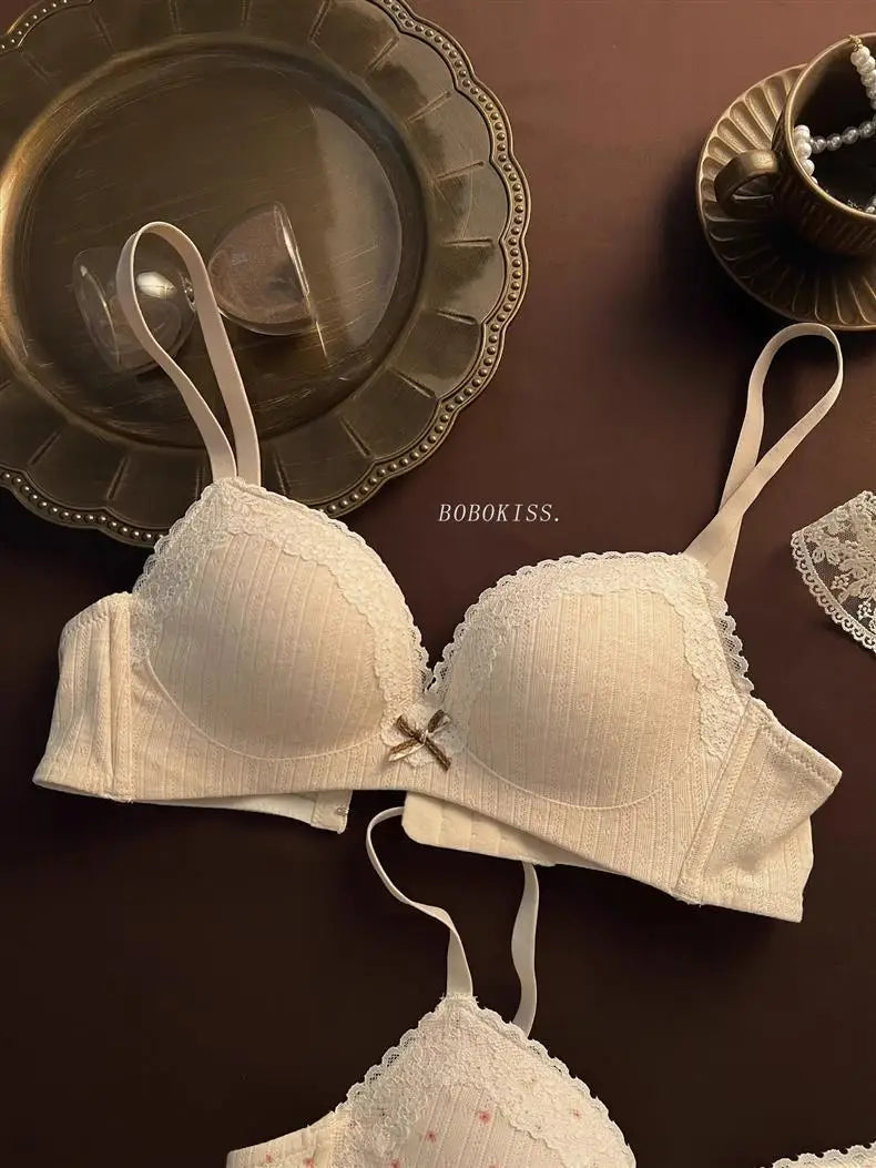 Lace Edge Sexy Lingerie Women's Small Breasts Gather No Wire Anti-Sag Bra Set