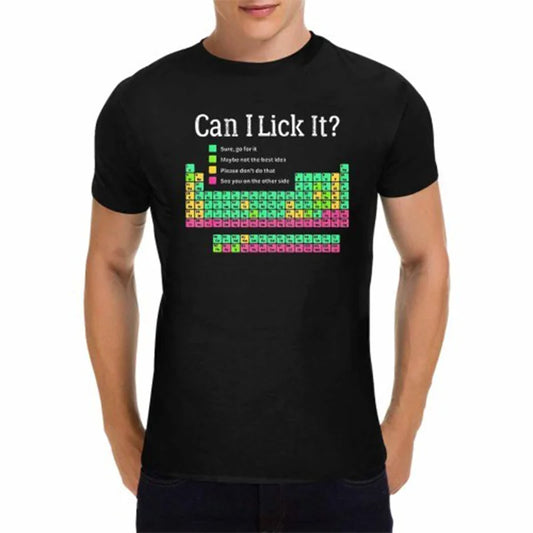 Men's Black Crew Neck T-Shirt Can I Lick It Periodic Table