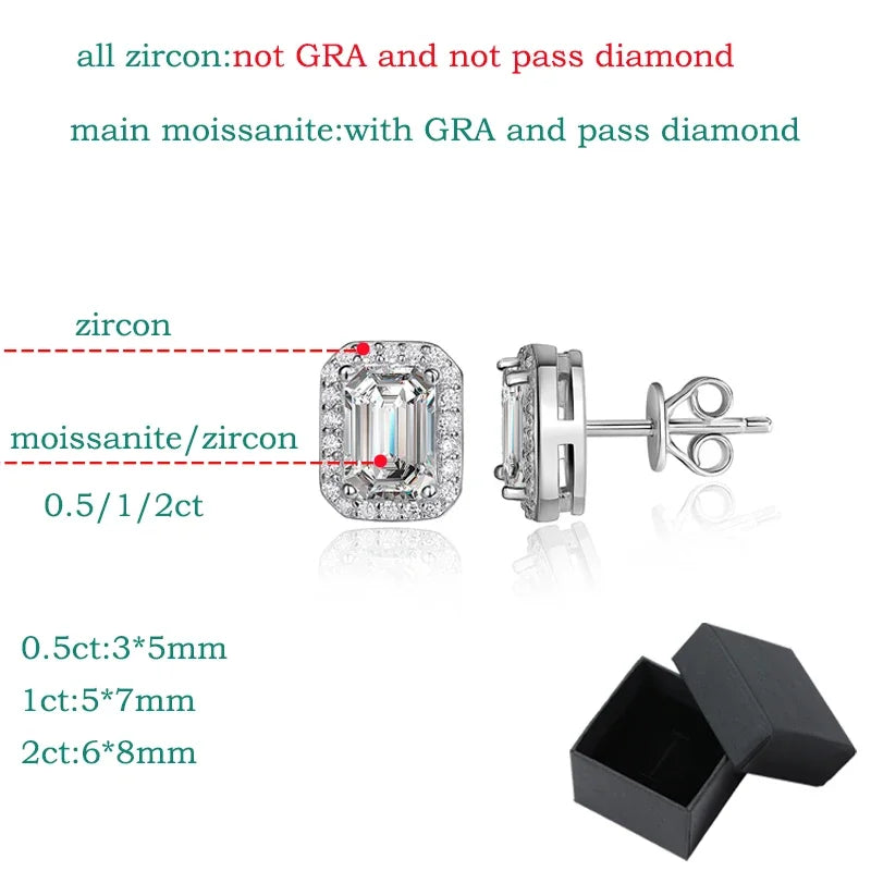 Smyoue Each 0.5CT 1CT 2CT Moissanite Stud Earrings for Women Emerald/radiant Cut Bridal Classic Jewelry 925 Pure Silver Earring