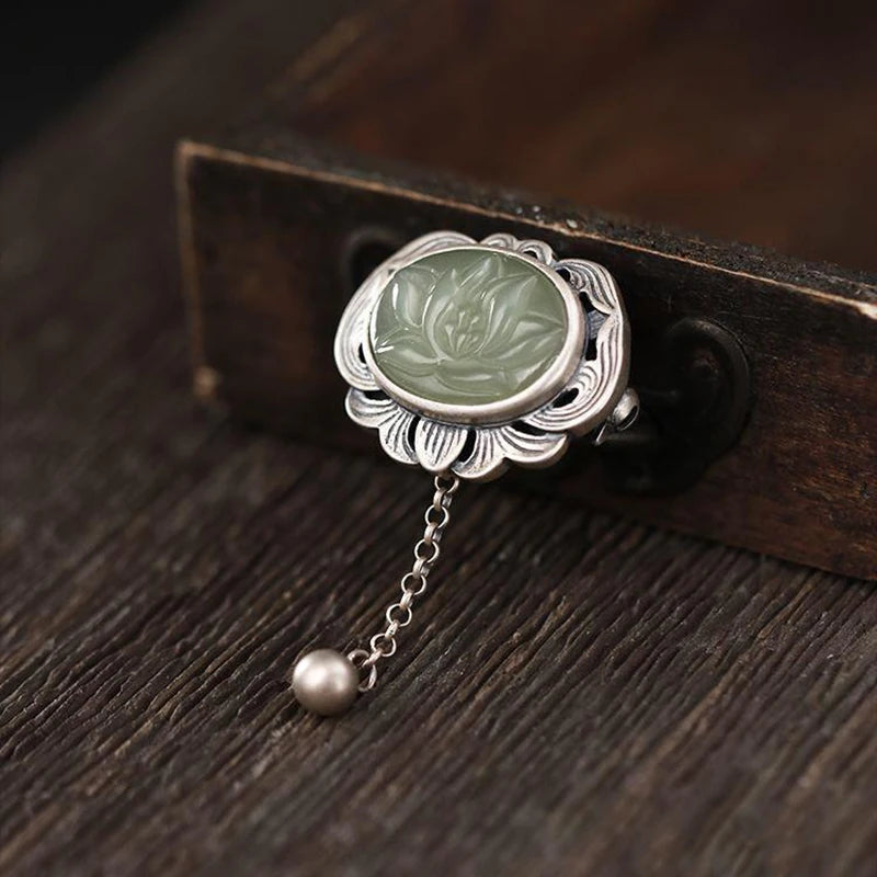 Original designer craftsmanship natural Hetian jasper pendant brooch Chinese style retro unique charm brand silver jewelry