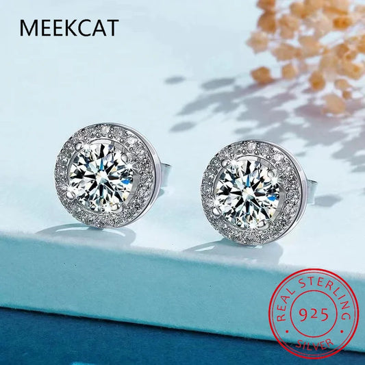 Zircon Moissanite Diamond Stud Earrings for Women Real 925 Sterling Silver Round Halo Earrings Luxury Wedding Fine Jewelry