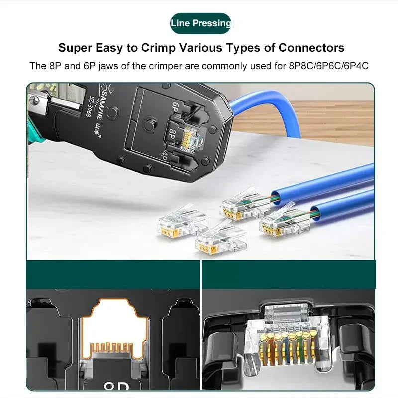 SAMZHE RJ45 Crimp Plier Pass Through Crimper Stripper Cutter for Cat7 Cat6 Cat5e 8P8C Modular Connector Ethernet Wire Tool