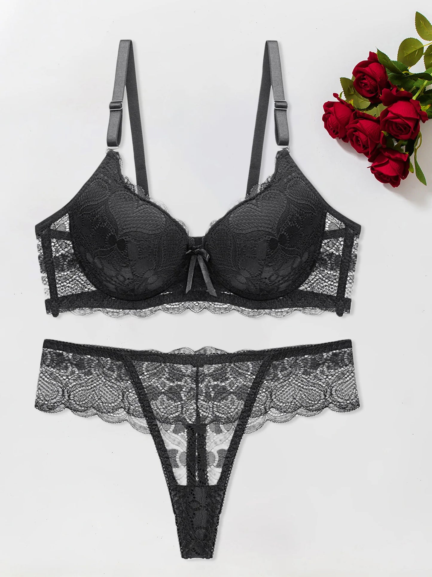 Women s Floral Lace Lingerie Set Sheer Mesh Seductive Babydoll Push up Bra and Panty 2 Pcs Set with Garter Belt
