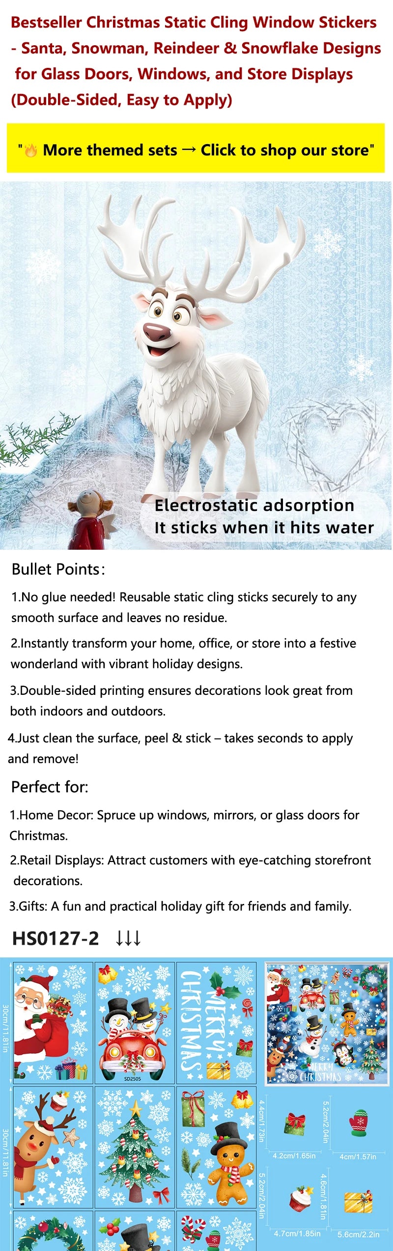 Christmas Window Stickers Blue Theme - Static Cling Snowman Snowflake Decals for Glass Doors, Shop Displays & Home Decor