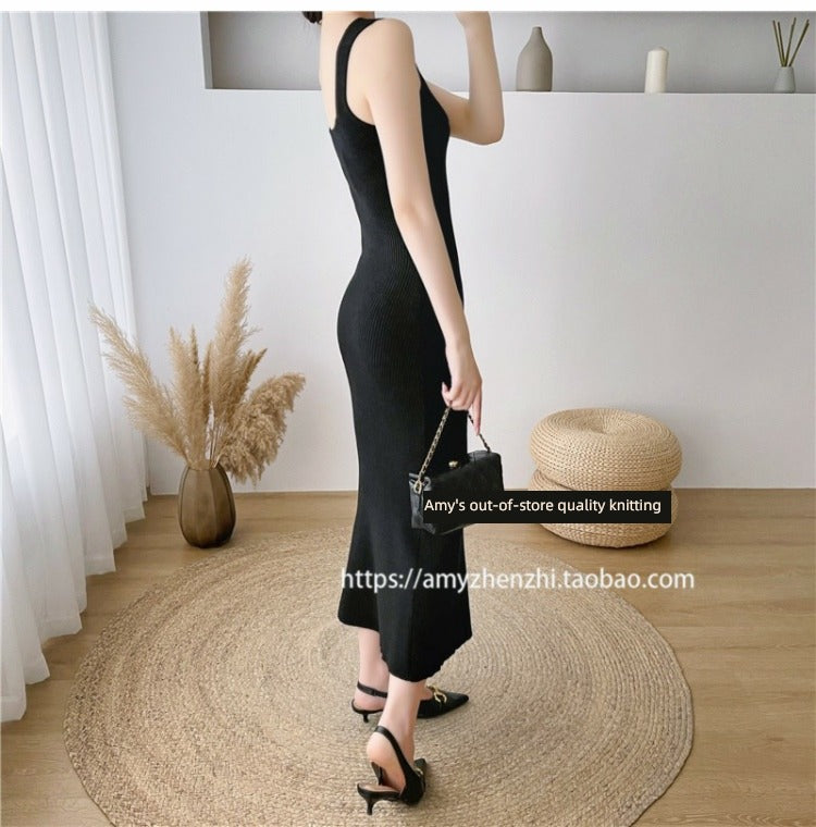 Autumn and Winter V-neck Slim-Fit Sleeveless Sling Fishtail Dress Sweater
