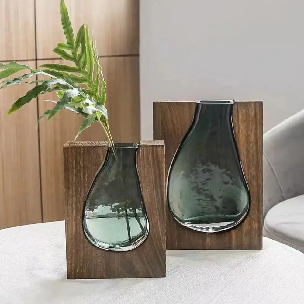 Flower Arrangement Bottle Wooden Glass Vase Creative Modern Hydroponic Flower Holder Exquisite Transparent Flower Pot Homestay