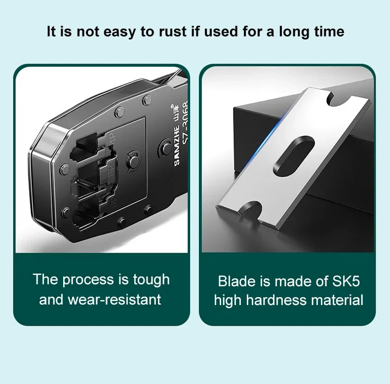 SAMZHE RJ45 Crimp Plier Pass Through Crimper Stripper Cutter for Cat7 Cat6 Cat5e 8P8C Modular Connector Ethernet Wire Tool