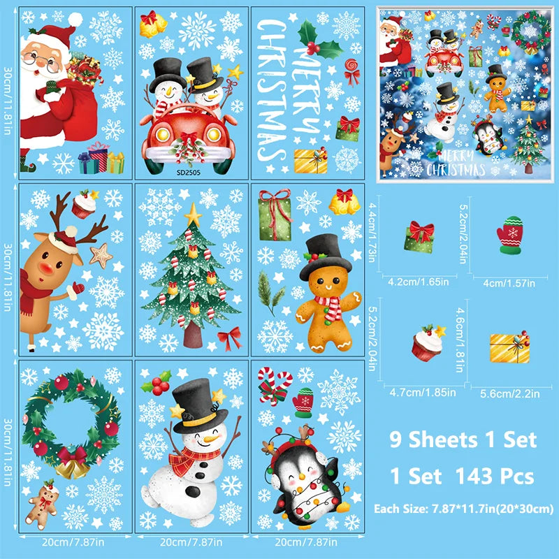 Christmas Window Stickers Blue Theme - Static Cling Snowman Snowflake Decals for Glass Doors, Shop Displays & Home Decor