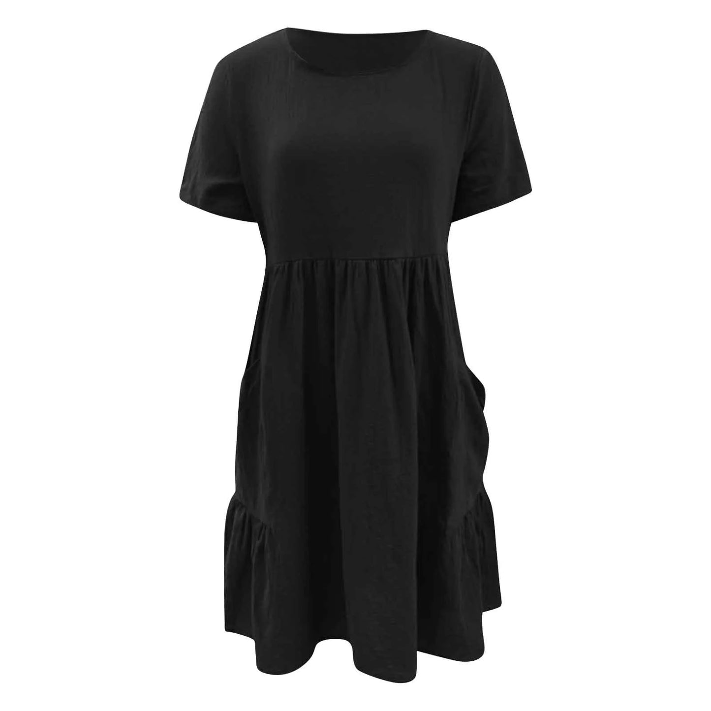 Evening Dresses Outfits Women Fashion Solid Vintage Cotton And Linen Loose Pocket Round Neck Short Sleeve