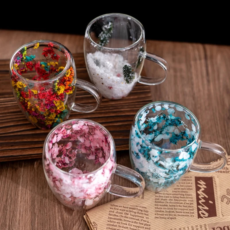 4 pieces of aesthetic dried flower double-layer glass coffee cups, cute tea cups with handles, heat-resistant and durable
