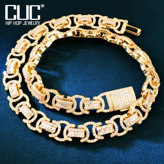 CUC 13mm Byzantine Link Chain Iced Out Cubic Zirconia Yellow Gold Color Men Hiphop Necklace Fashion Rock Jewelry