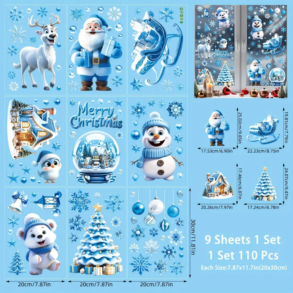 Christmas Festive Window Clings 9 Sheets/110pcs Merry Christmas Stickers for Glass Windows - Snowflake, Reindeer, Santa