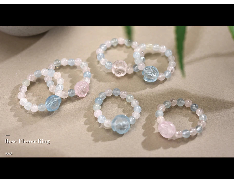 Lotus Fun Natural Stone Aquamarine Crystal Round Beads Rose Flower Extendable Rings for Women High Quality Wedding Fine Jewelry
