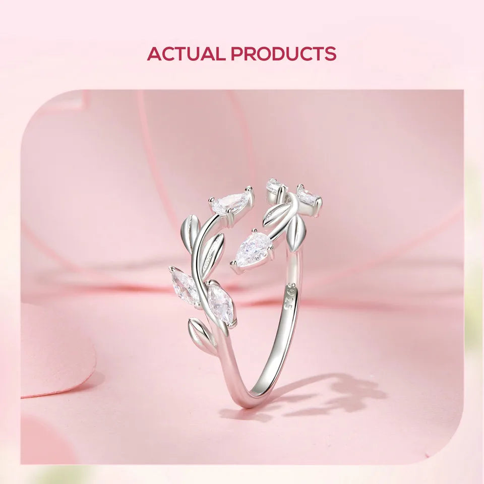 WOSTU 925 Sterling Silver Leaves Open Ring With Zircon For Women's Dating Daily Parties Fine Jewelry Gifts Dainty Trendy Jewelry