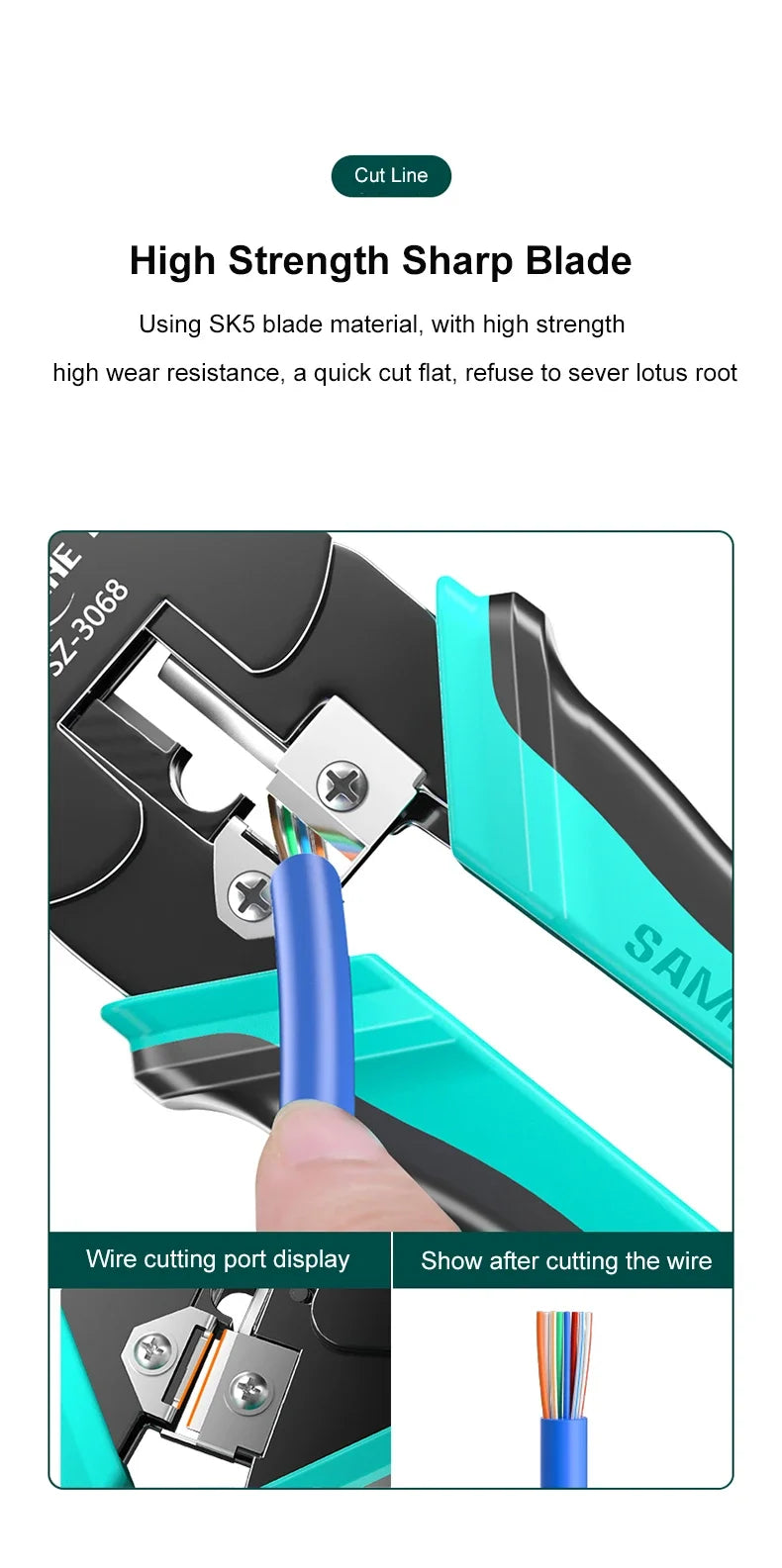 SAMZHE RJ45 Crimp Plier Pass Through Crimper Stripper Cutter for Cat7 Cat6 Cat5e 8P8C Modular Connector Ethernet Wire Tool