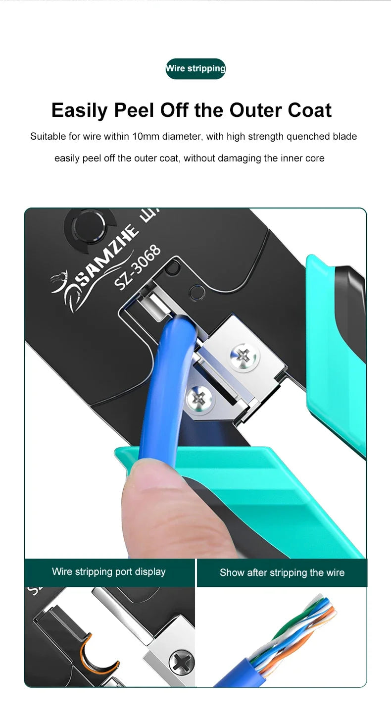 SAMZHE RJ45 Crimp Plier Pass Through Crimper Stripper Cutter for Cat7 Cat6 Cat5e 8P8C Modular Connector Ethernet Wire Tool