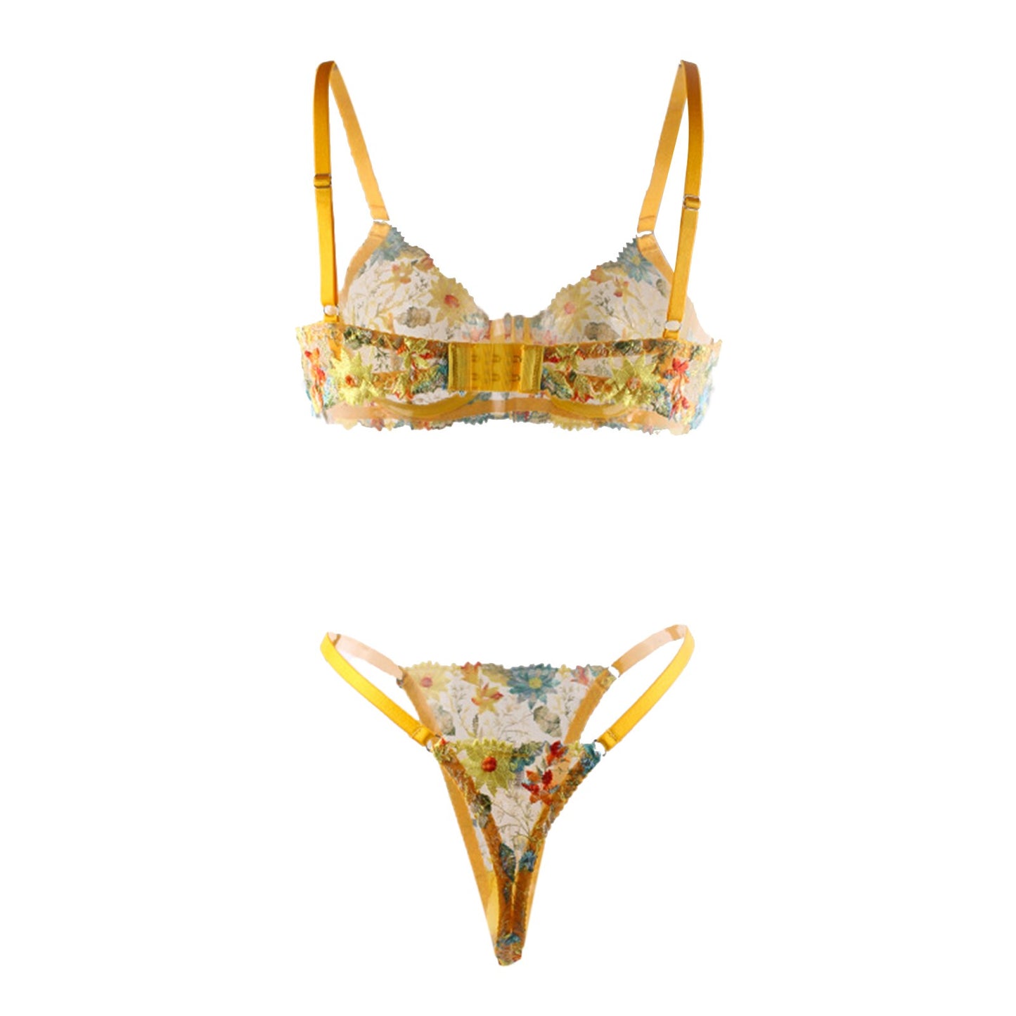 Women's Perspective Fun Underwear Sexy Embroidery Yellow Flower Bra With Steel Ring See Through Sexy Lingerie For Fine Women