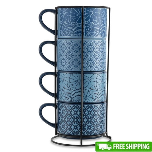 4 Pack Stackable Mugs Floral Geometric Patterns Stoneware Dishwasher Microwave Safe Coffee Tea Drinkware Space Saving Kitchen