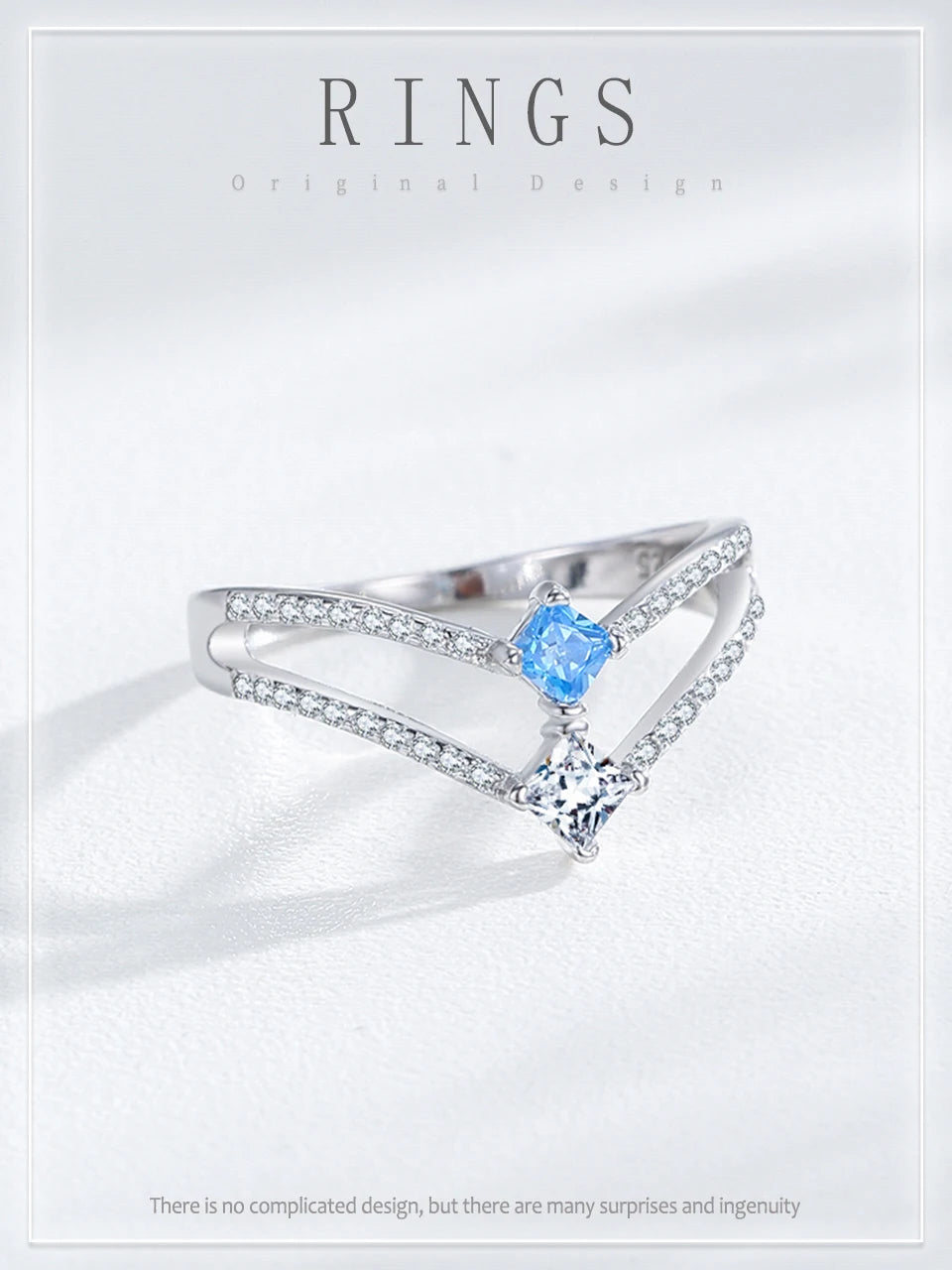 Ailmay 925 Sterling Silver Double-Layer Water Droplet Shaped Blue & White Zircon Ring For Women Personality Gift Party Jewelry