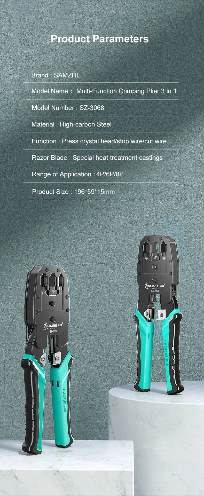 SAMZHE RJ45 Crimp Plier Pass Through Crimper Stripper Cutter for Cat7 Cat6 Cat5e 8P8C Modular Connector Ethernet Wire Tool