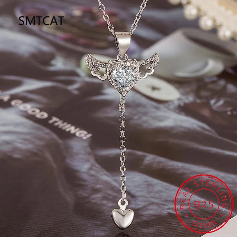 Genuine 925 Sterling Silver Love Tassels Necklace Fine Jewelry Double Angel Wings Heart Zirconia Pendant Necklace Holiday Sale