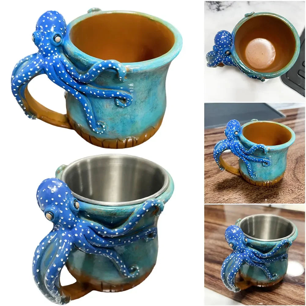 New Deep Blue Octopus Mug Handmade Statue Sea Animal Mug With Handle Novelty Coffee Milk Tea Juice Hot and Cold Drinkware Cup